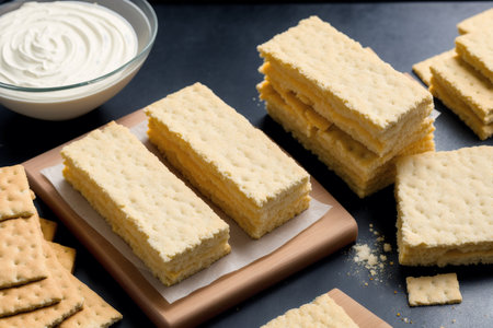 Crispy crackers with butter and sour cream on black backgroundの素材
