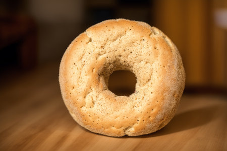 Close up of a bagel on a wooden table in a bakeryの素材