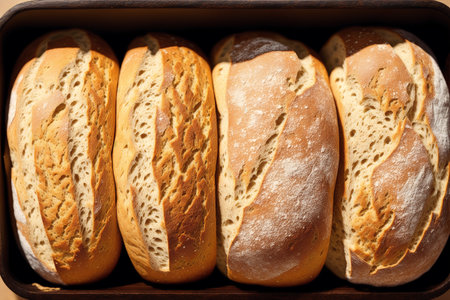 Freshly baked baguettes in a box. Toned.の素材