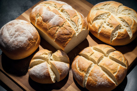 Fresh bread on wooden cutting board. Shallow depth of field. Toned.の素材