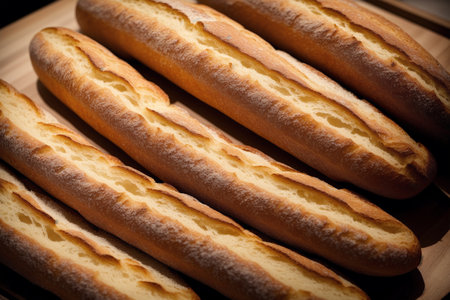 Close up of baguettes on wooden table. Toned.の素材