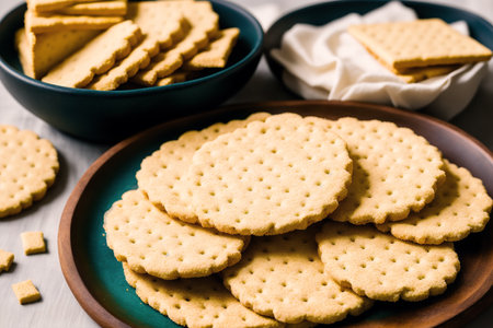 Crispy round crackers or biscuits on wooden background. Selective focus.の素材