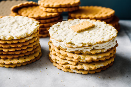 Crispy crackers with cream cheese filling on baking paper.の素材