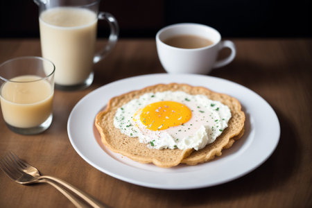 Breakfast with fried egg and coffee in a white plate on a wooden tableの素材