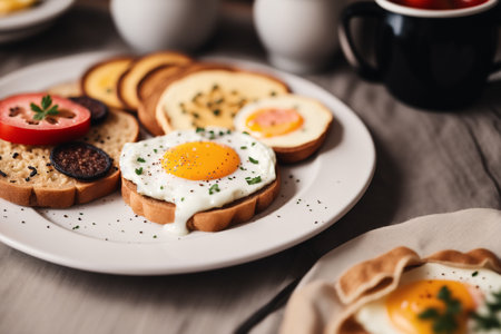 Healthy breakfast with fried eggs and bread on a wooden table.の素材