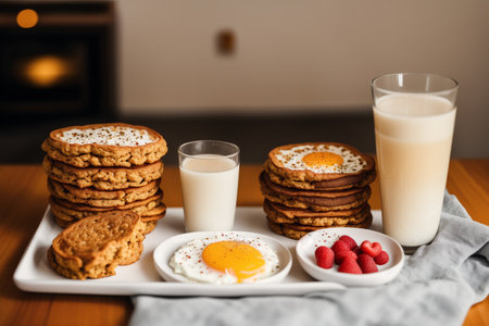 Breakfast with oatmeal cookies, coffee and eggs on wooden tableの素材