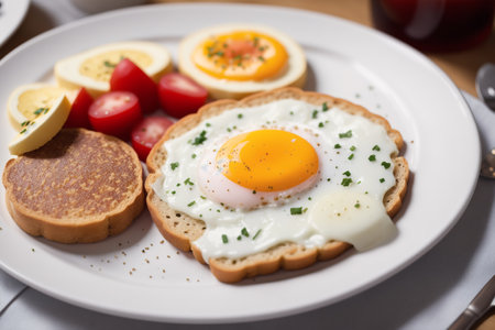 Breakfast with fried eggs and toast on white plate, closeupの素材