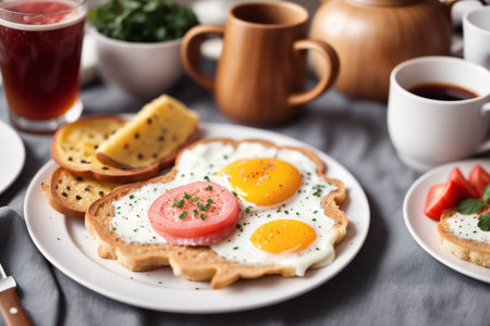 Delicious breakfast with fried eggs and toast on table, closeupの素材