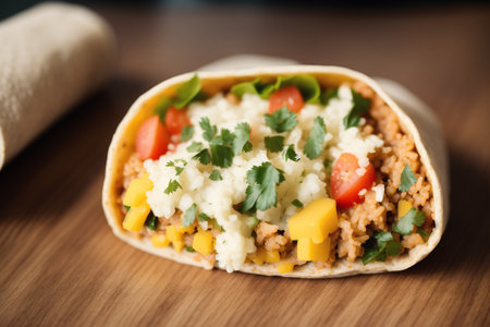 Mexican tacos with minced meat, cheese and vegetables on wooden tableの素材