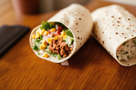 Mexican burritos with beef and vegetables on wooden table.の素材