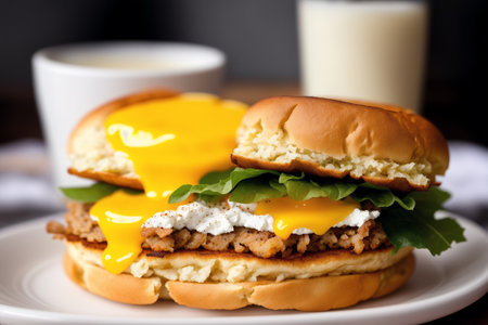 Breakfast with cheeseburger and coffee on a dark background.の素材