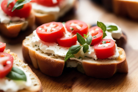 Italian bruschetta with tomatoes, mozzarella cheese and basilの素材
