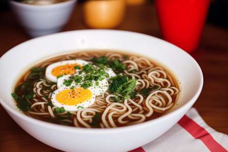 Japanese ramen noodle soup with egg in white bowl on wooden tableの素材