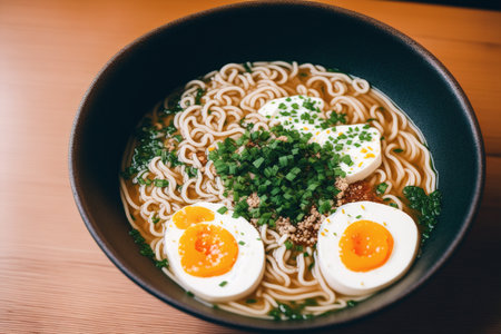Japanese ramen noodle soup with egg in black bowl on wooden tableの素材