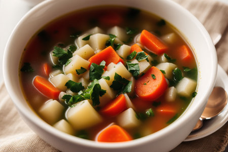 Vegetable soup with carrot, potato and parsley in a bowlの素材