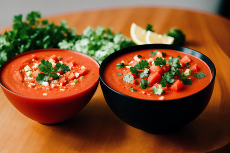 Two bowls of tomato soup garnished with parsley and lemon.の素材