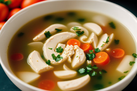 Chicken soup with noodles, carrots and parsley in a bowl.の素材