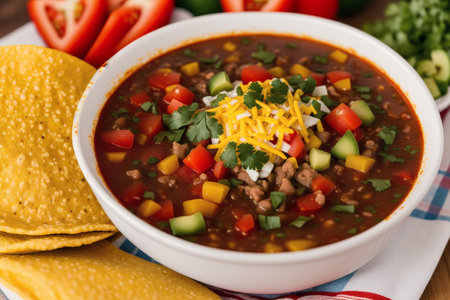 Mexican chili con carne with nachos tortilla chipsの素材
