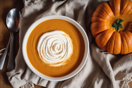 Pumpkin soup with whipped cream and pumpkin seeds on wooden tableの素材