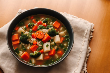 Bowl of tasty soup with vegetables on wooden table, closeupの素材