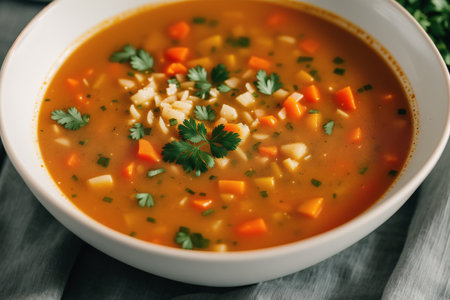 vegetable soup with carrot and parsley in a white bowlの素材