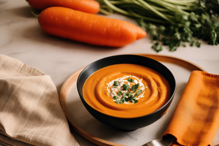Carrot cream soup with parsley in a bowl on wooden backgroundの素材