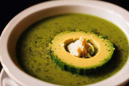 Pumpkin soup with cream and parsley in a white bowlの素材