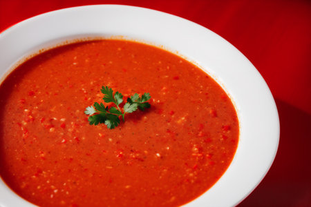 Tomato soup with parsley in a white bowl on a red backgroundの素材