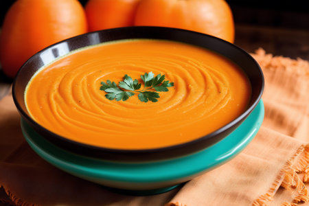Pumpkin soup in a bowl on wooden background. Selective focus.の素材