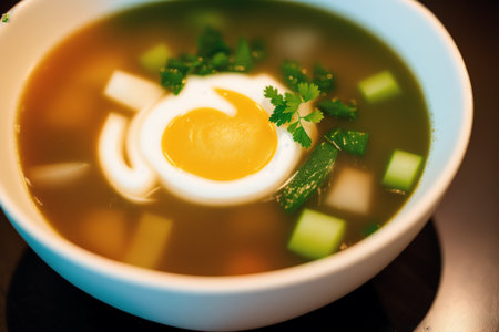 Bowl of miso soup with egg and fresh parsley.の素材