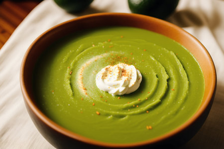 Spinach soup with cream in a bowl on a wooden tableの素材