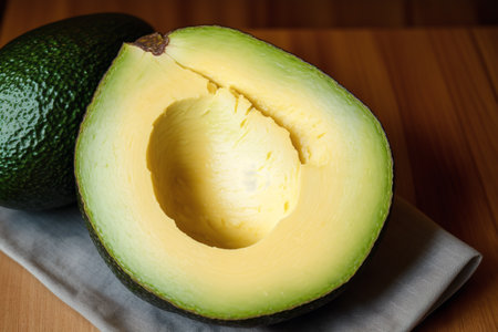 Avocado cut in half on a wooden table. Close up.の素材