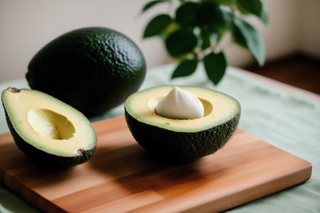 Avocado on cutting board. Healthy food concept. Close-up.の素材