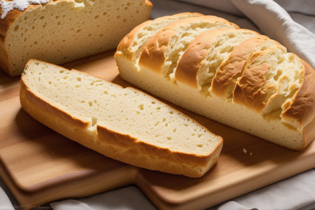 Freshly baked ciabatta bread on a cutting board.の素材