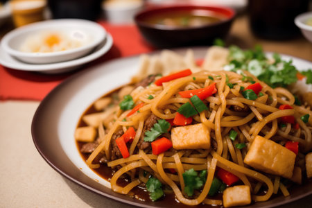 Chinese noodles with tofu and vegetables on the table, close-upの素材