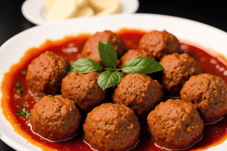 Meatballs in tomato sauce with garlic on black background, close upの素材