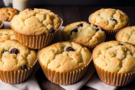 Muffins with blueberries on a wooden background. Selective focus.の素材