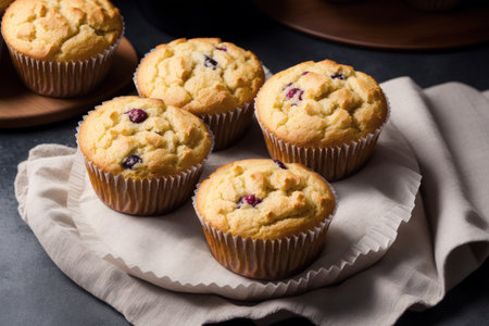 Homemade blueberry muffins on rustic wooden board with copy spaceの素材