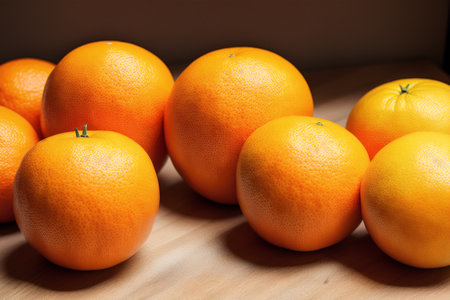 Ripe oranges on a wooden table. Close up. Selective focus.の素材