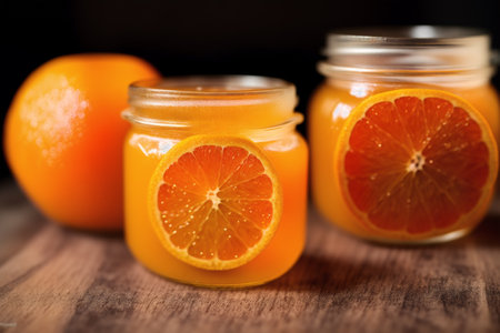 Orange jam in a glass jar on a wooden table, selective focusの素材
