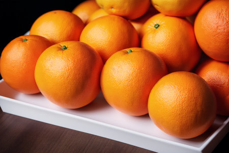 Oranges in a white plate on a wooden background. Close up.の素材