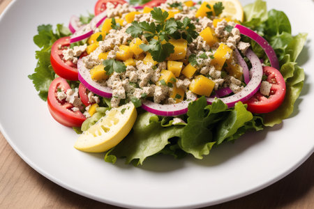 Tuna salad with fresh vegetables and lemon on wooden table, closeupの素材