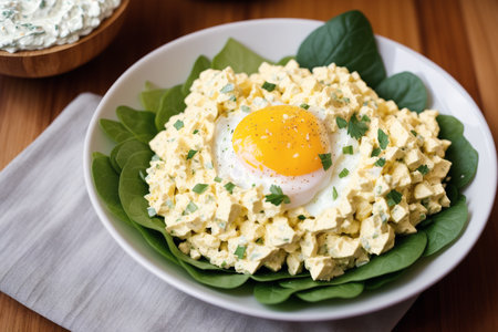 Salad with eggs, spinach and mayonnaise on wooden tableの素材
