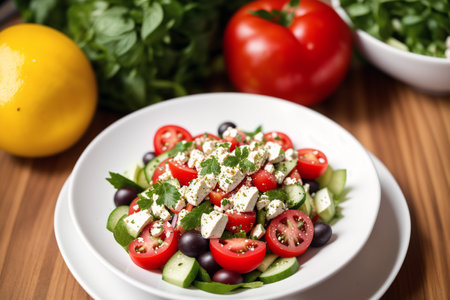 Greek salad with feta cheese, cucumber, tomato and olivesの素材