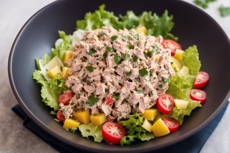 Tuna salad with mango, lettuce, cherry tomatoes and olive oilの素材