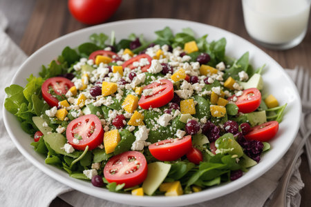 Healthy salad with fresh vegetables and feta cheese in a bowlの素材