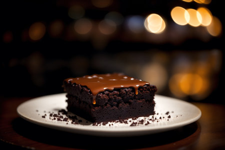 Chocolate cake on a white plate with blurred lights on the backgroundの素材
