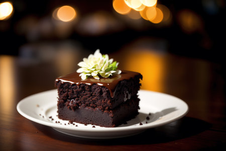 Chocolate cake with caramel and mint on a white plate in a restaurantの素材