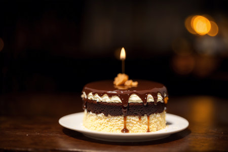 Chocolate cake on white plate and light bokeh background.の素材