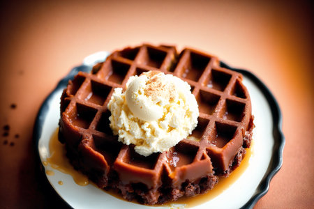 Chocolate waffle with ice cream and caramel sauce on top.の素材